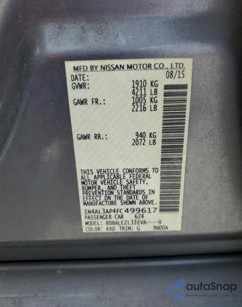 2015 Nissan Altima 2.5 из США, поврежденный, VIN 1N4AL3AP4FC499617